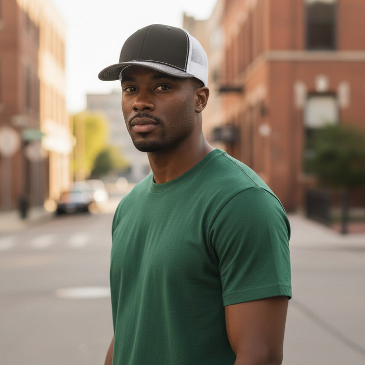 WeEngrave USA black, white, and heather grey trucker hat with a structured front and mesh back.