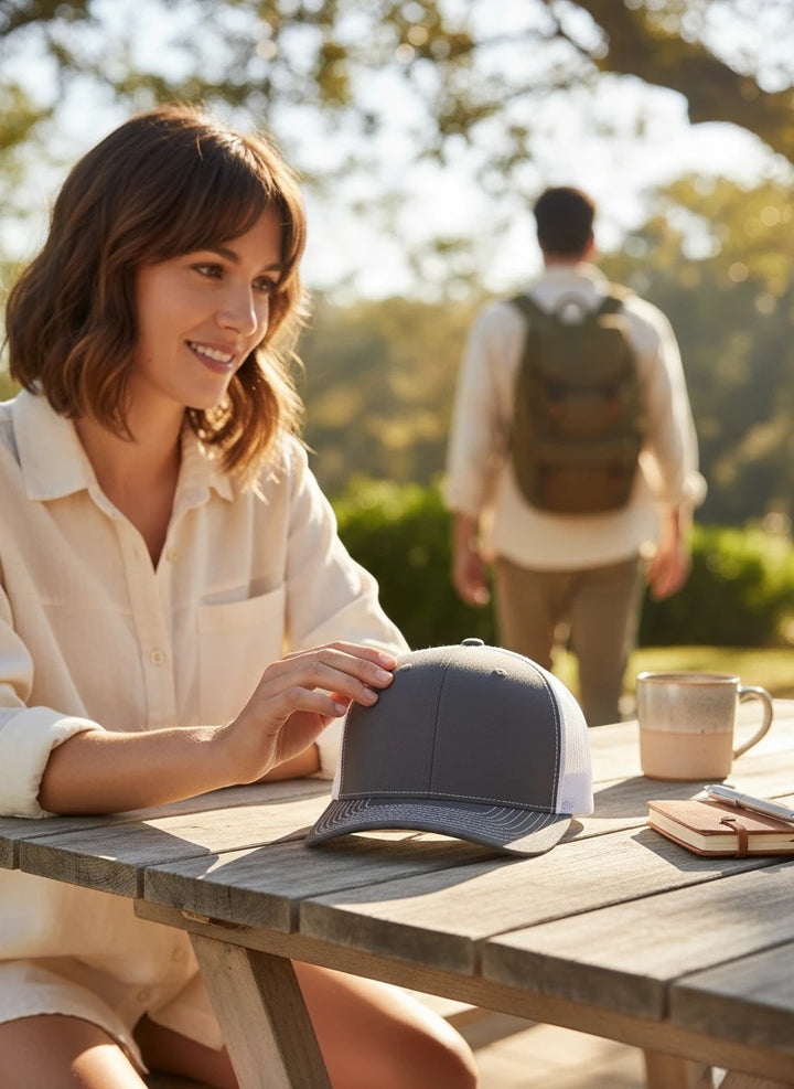 WeEngrave USA charcoal grey and white trucker hat with cotton-poly front and nylon mesh back. Mid Pro profile, precurved visor.