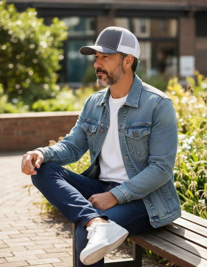 WeEngrave USA charcoal grey and white trucker hat with precurved visor and cotton sweatband.