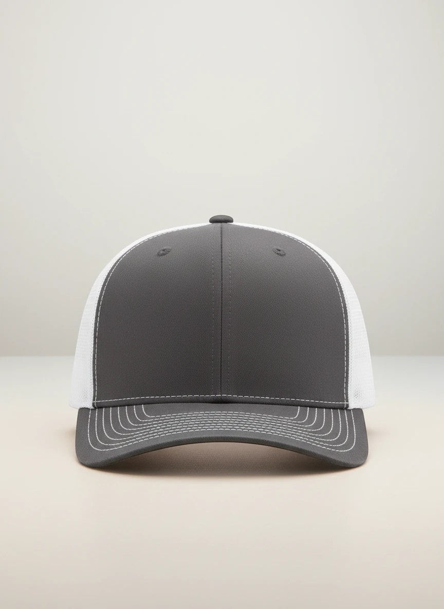 WeEngrave USA charcoal grey and white trucker hat with a mid-profile, precurved visor, and cotton-poly/nylon mesh back.