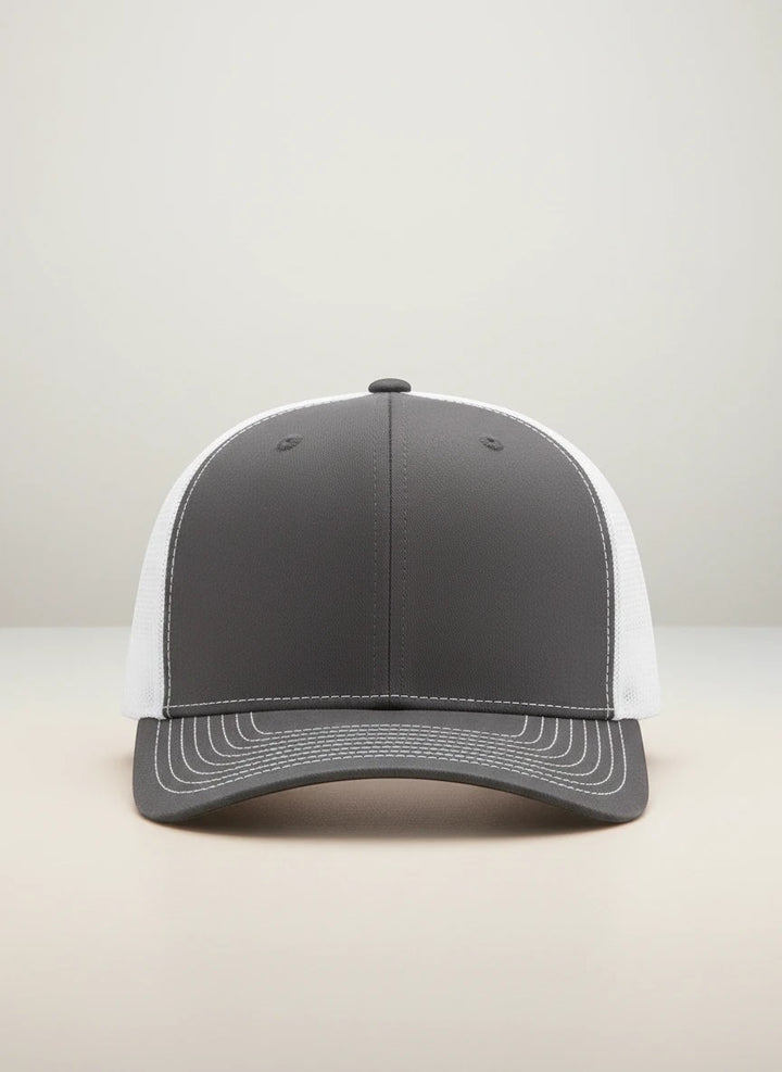 WeEngrave USA charcoal grey and white trucker hat with a mid-profile, precurved visor, and cotton-poly/nylon mesh back.