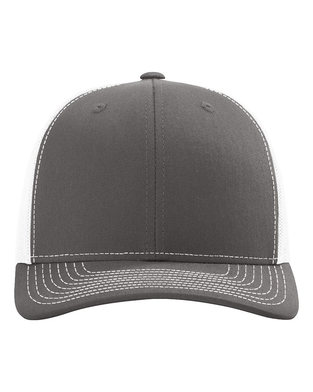WeEngrave USA charcoal grey and white trucker hat with cotton-poly front and nylon mesh back. Mid Pro profile.