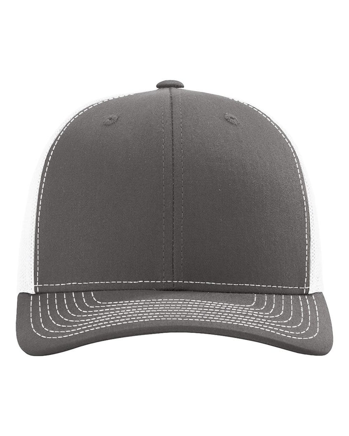 WeEngrave USA charcoal grey and white trucker hat with cotton-poly front and nylon mesh back. Mid Pro profile.