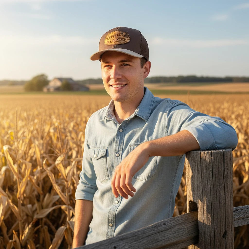 WeEngrave USA brown Richardson 112 trucker hat with engraved leather patch featuring "CornFed &amp; Country" text.