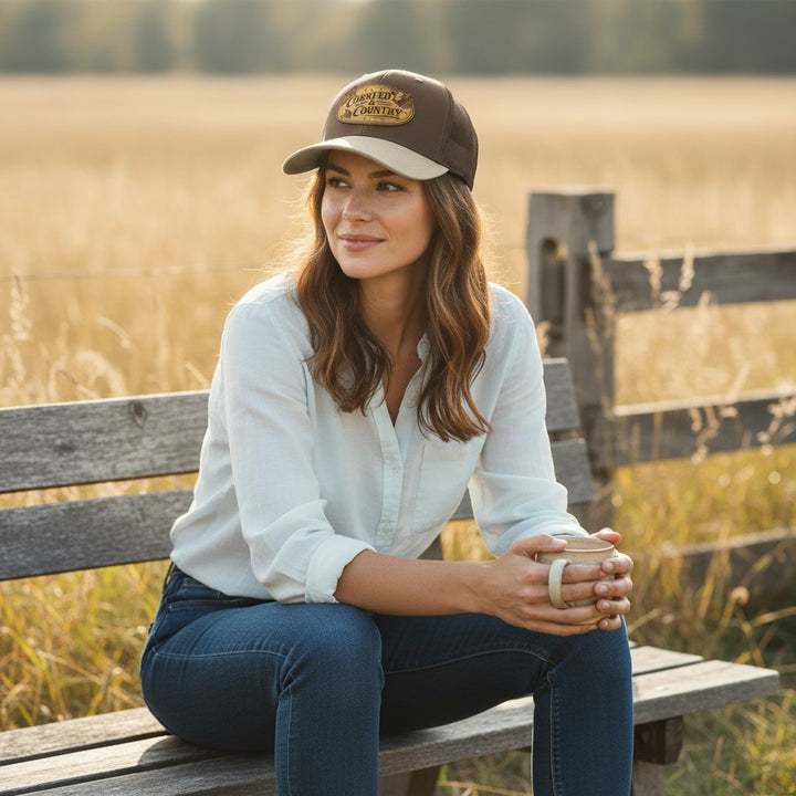 WeEngrave USA brown and tan Richardson 112 trucker hat with "CornFed &amp; Country" engraved leather patch.