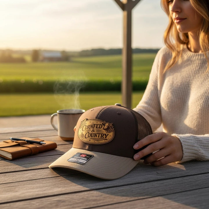 WeEngrave USA brown and tan trucker hat with engraved leather patch that says "CornFed &amp; Country"