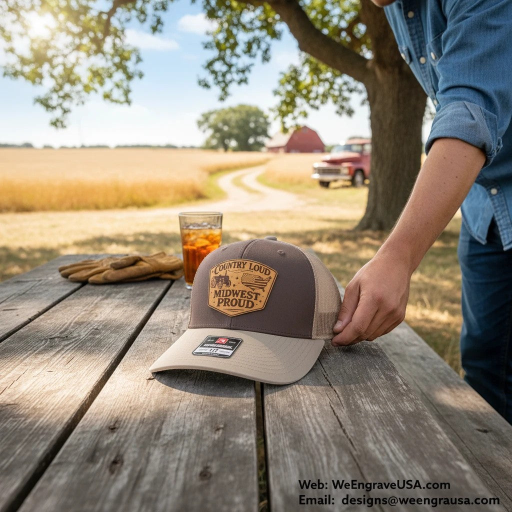 WeEngrave USA brown and tan Richardson 112 trucker hat with leather patch featuring "Country Loud | Midwest Proud" text, tractor, and flag graphic.