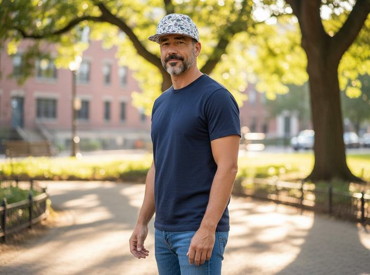WeEngrave USA adult flat brim baseball cap with duck and dog camouflage pattern and brown rope detail.