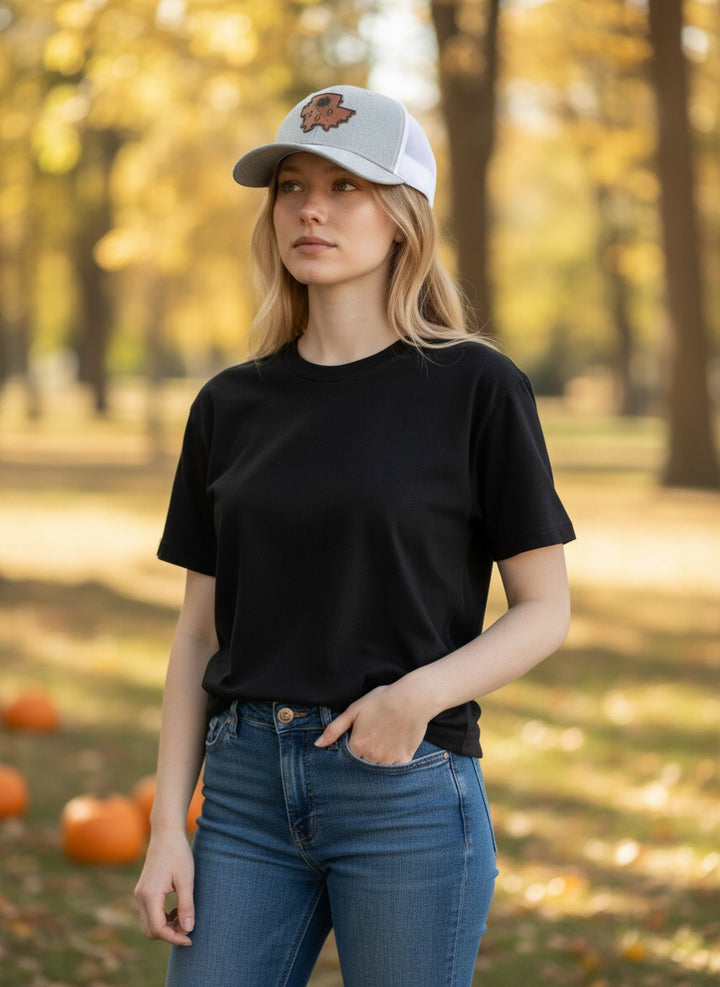 WeEngrave USA grey heather Richardson 112 trucker hat with custom engraved leatherette patch featuring a pumpkin and "Morton 309"