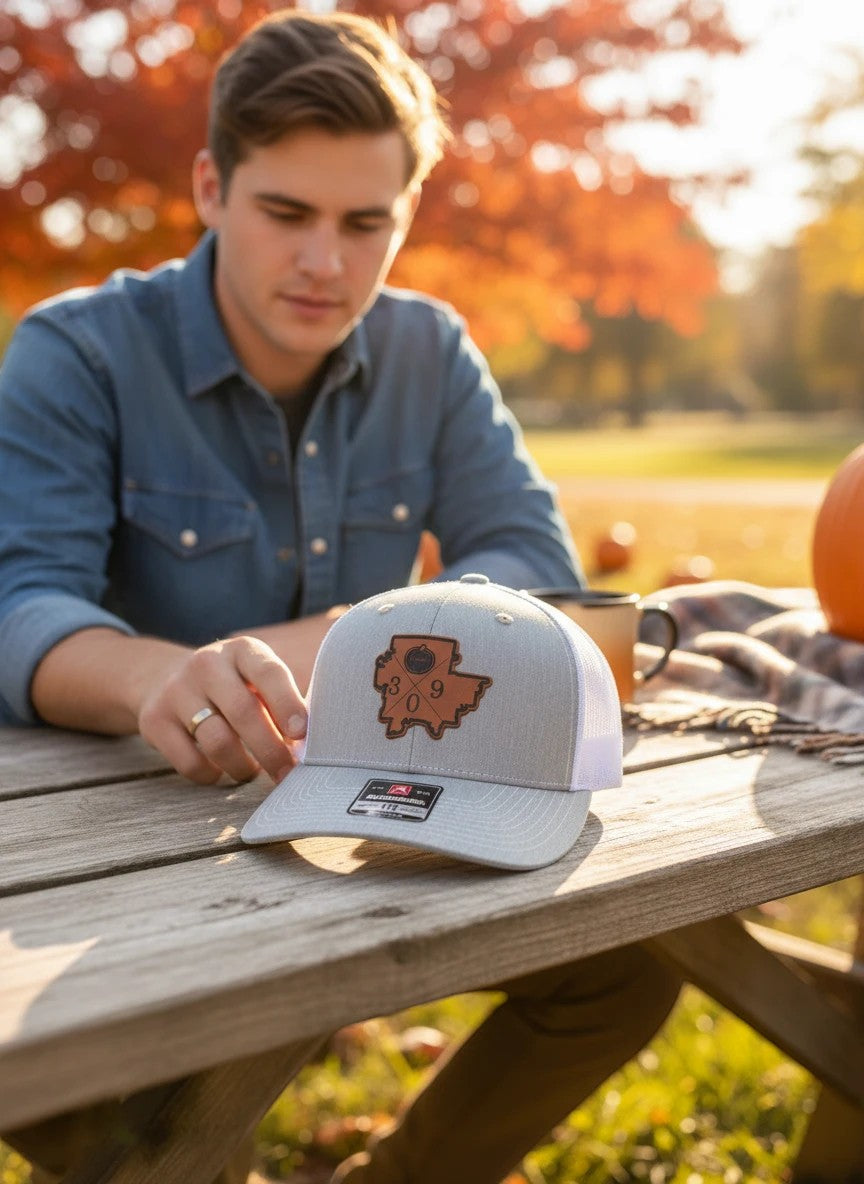 WeEngrave USA light grey Richardson 112 trucker hat with white mesh back and engraved leatherette patch featuring a map outline with 309.