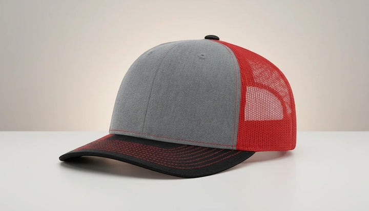 WeEngrave USA heather grey cotton-poly trucker hat with red mesh back and precurved visor.