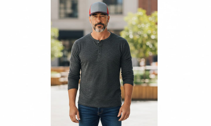 WeEngrave USA heather grey and red trucker hat with black brim and mesh back. Cotton-poly front, nylon mesh back.