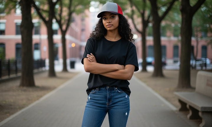 WeEngrave USA heather grey, red, and black trucker hat with cotton-poly front and nylon mesh back.