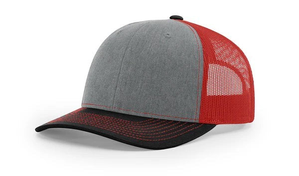 WeEngrave USA heather grey cotton-poly trucker hat with red mesh back and precurved visor.