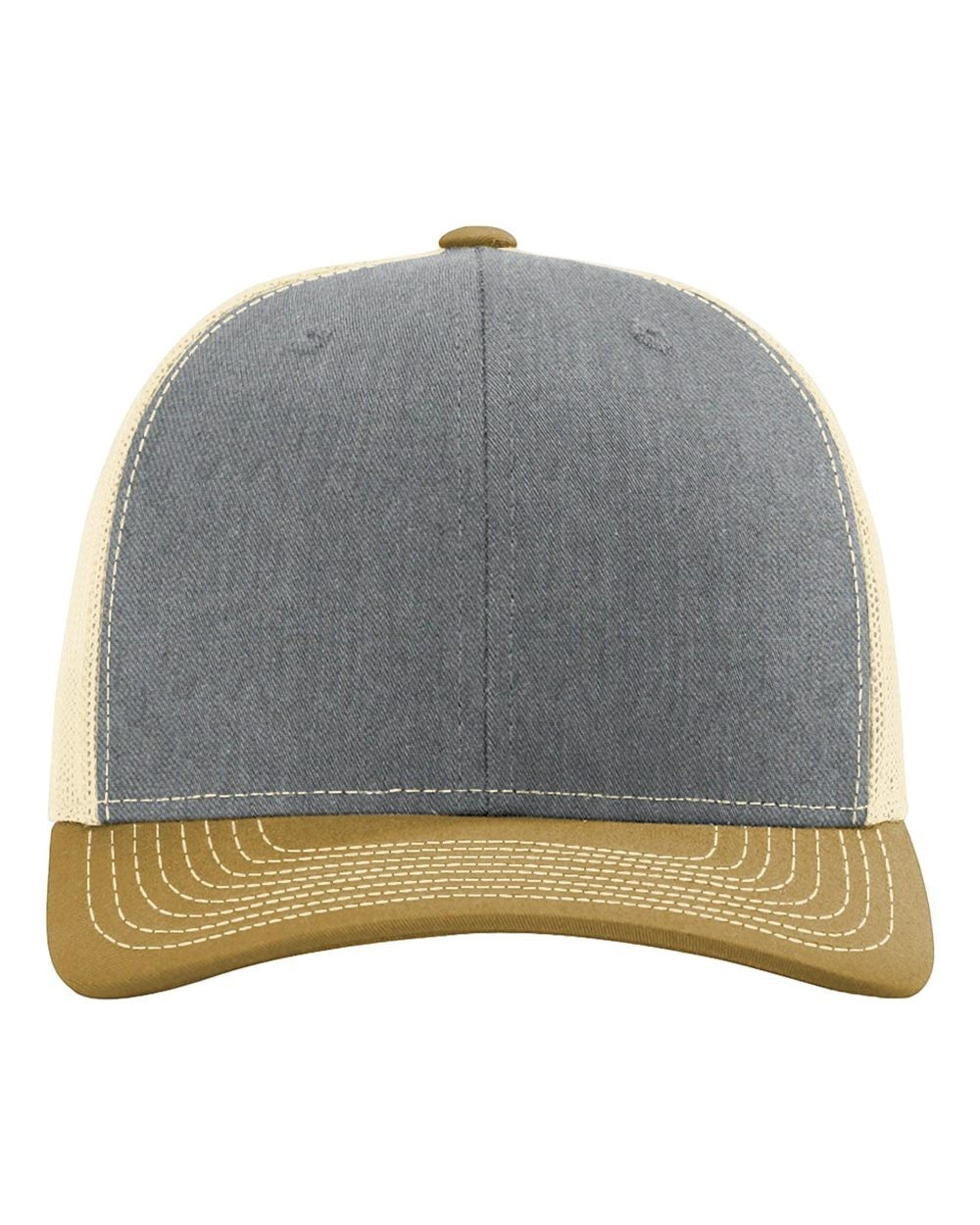 WeEngrave USA Heather Grey/Birch/Amber Gold trucker hat with precurved visor and cotton-poly mesh back.
