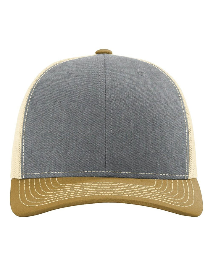 WeEngrave USA Heather Grey/Birch/Amber Gold trucker hat with precurved visor and cotton-poly mesh back.