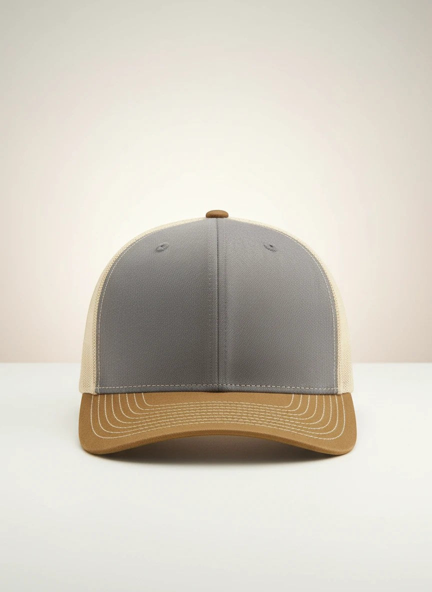 WeEngrave USA heather grey trucker hat with tan mesh back and tan brim. Mid profile, precurved visor, cotton sweatband.