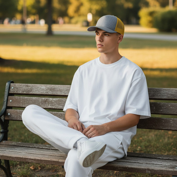 WeEngrave USA heather grey trucker hat with yellow mesh back and pre-curved bill. Six-panel, mid-profile design with adjustable snapback.
