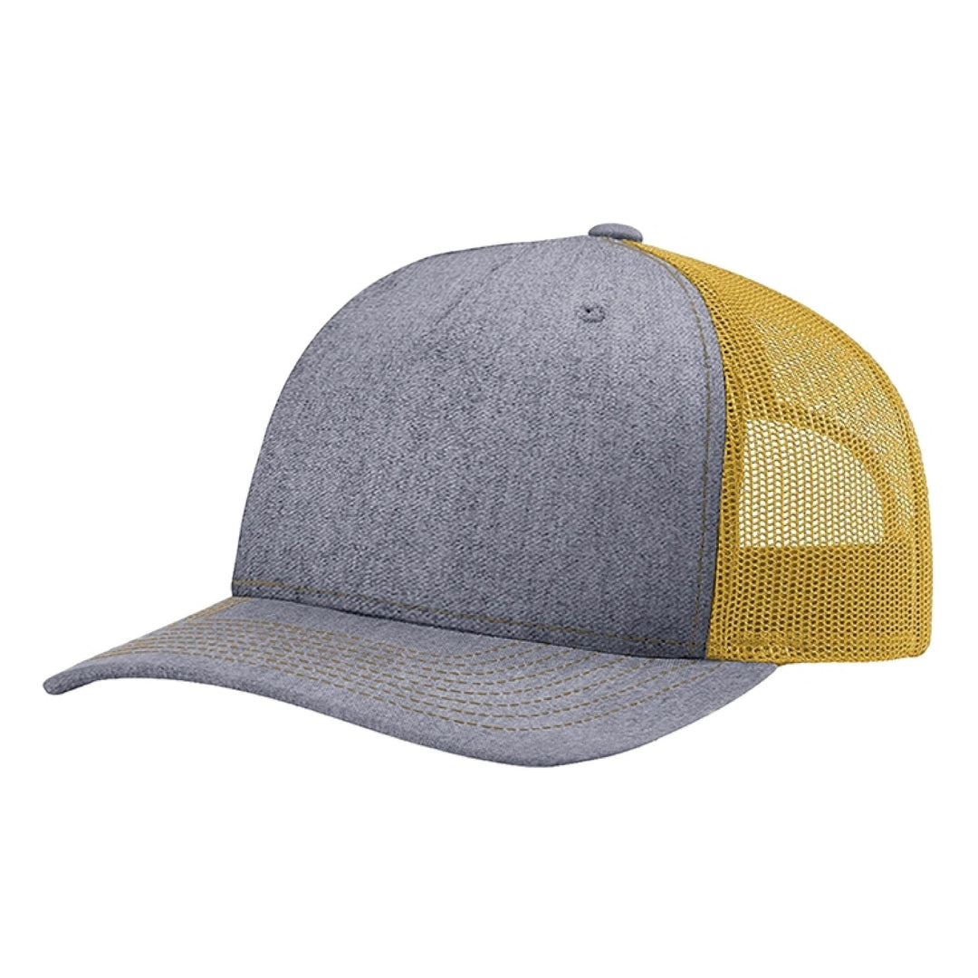 WeEngrave USA heather grey trucker hat with yellow mesh back and pre-curved bill. Six-panel, mid-profile design.