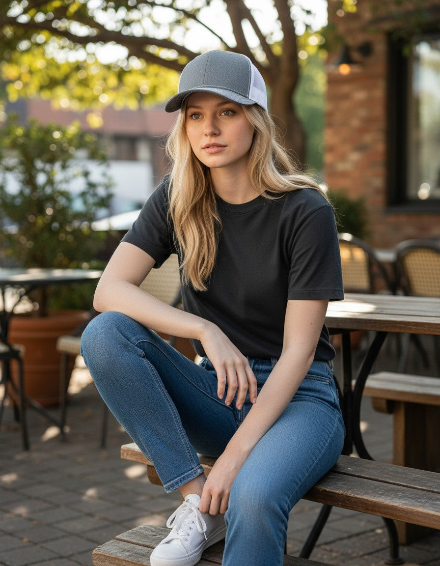 WeEngrave USA heather grey and white trucker hat with six-panel construction and adjustable snapback.