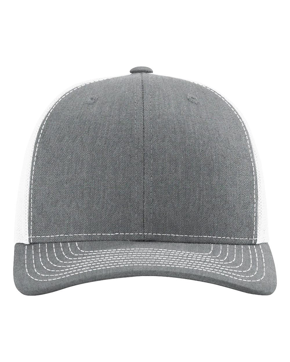 WeEngrave USA heather grey and white trucker hat with polyester mesh back and adjustable snapback.