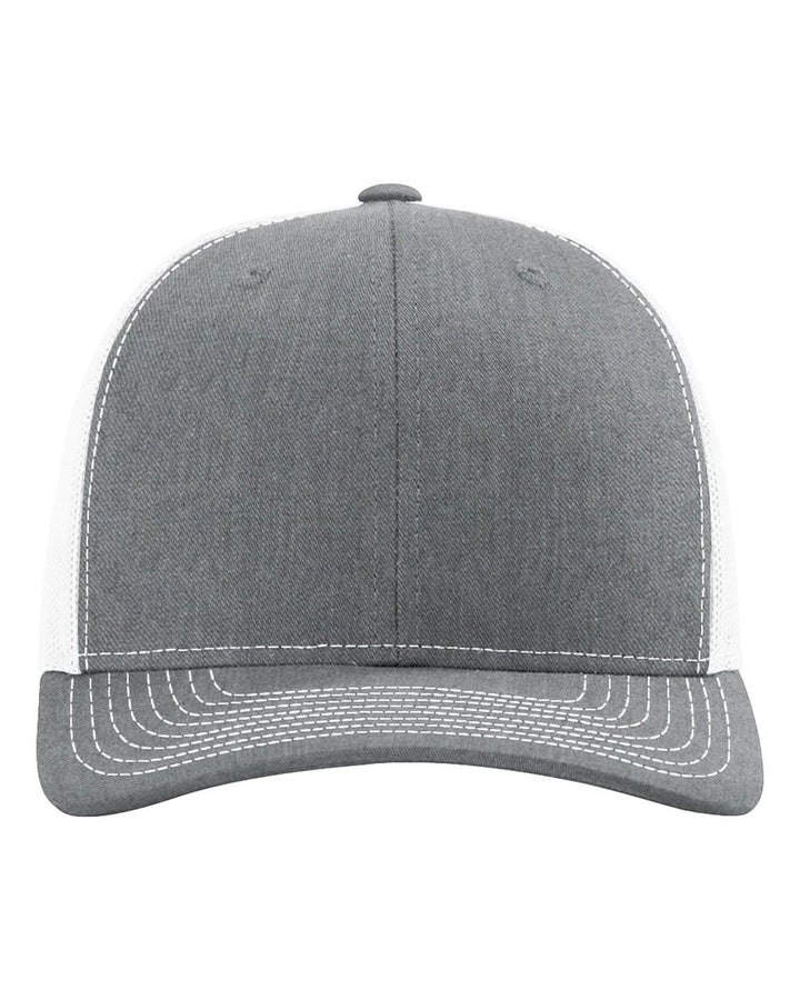 WeEngrave USA heather grey and white trucker hat with polyester mesh back and adjustable snapback.