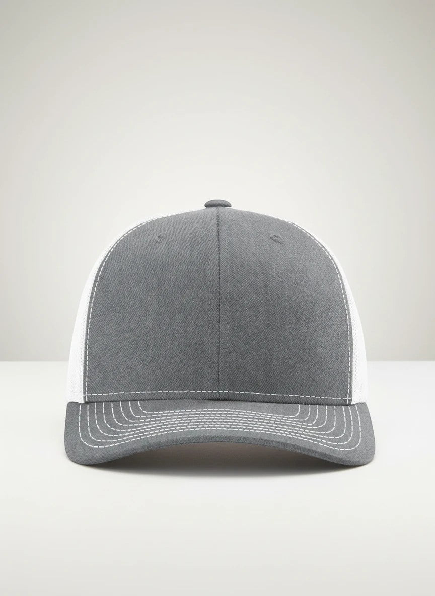 WeEngrave USA heather grey and white trucker hat with six panels, pre-curved bill, and adjustable snapback.