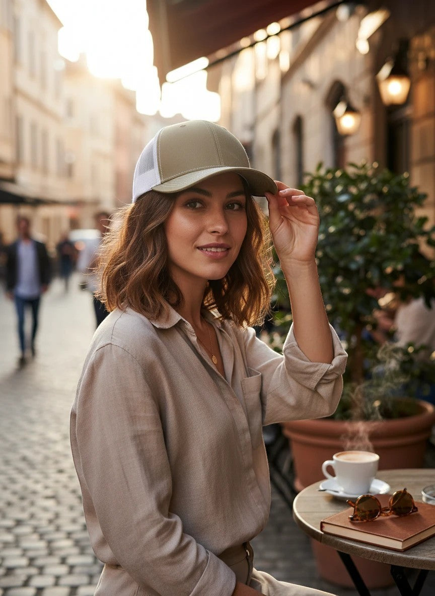 WeEngrave USA khaki and white trucker hat with a structured six-panel design and pre-curved bill.