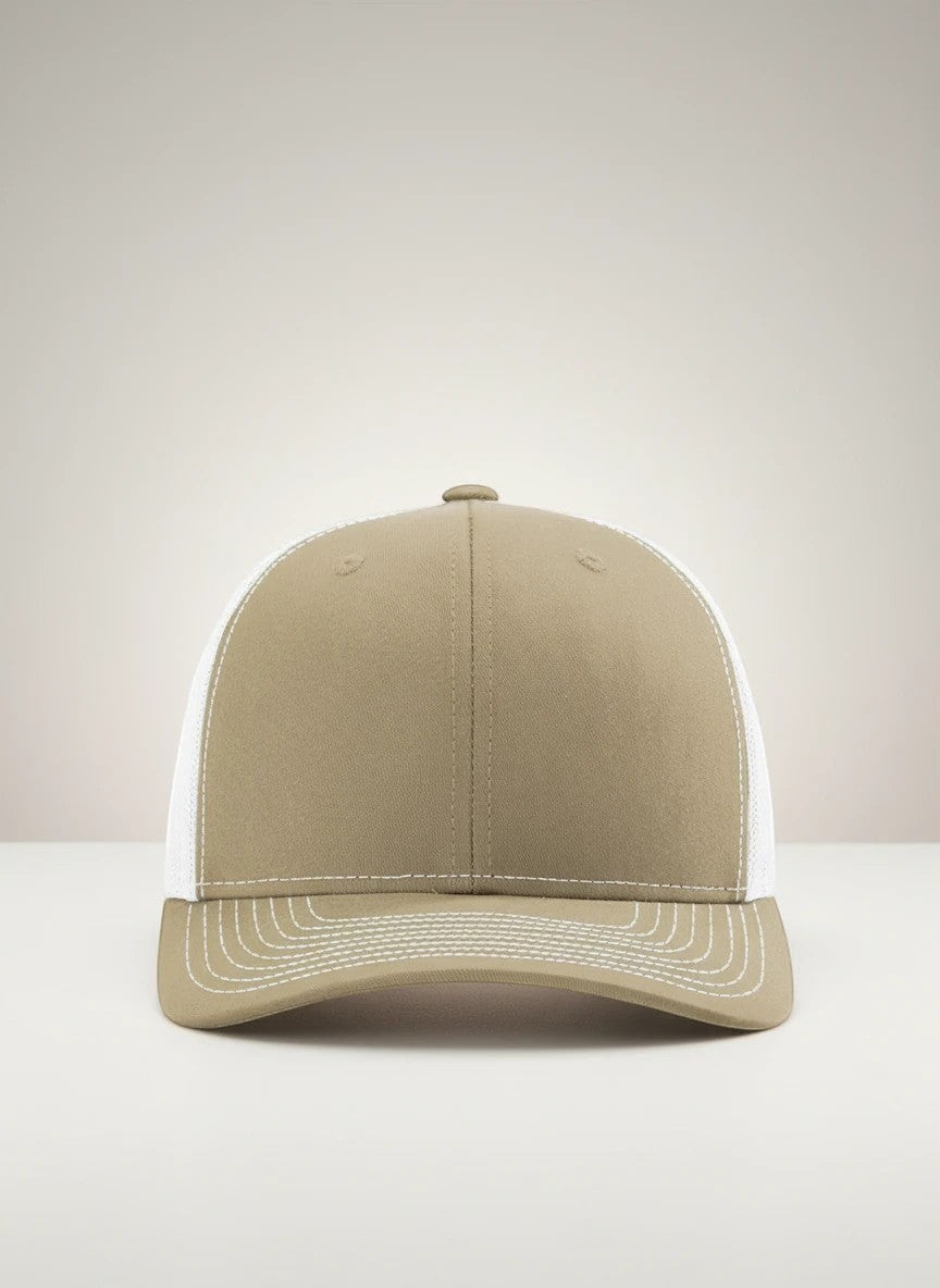 WeEngrave USA khaki and white trucker hat with six-panel construction and pre-curved bill.