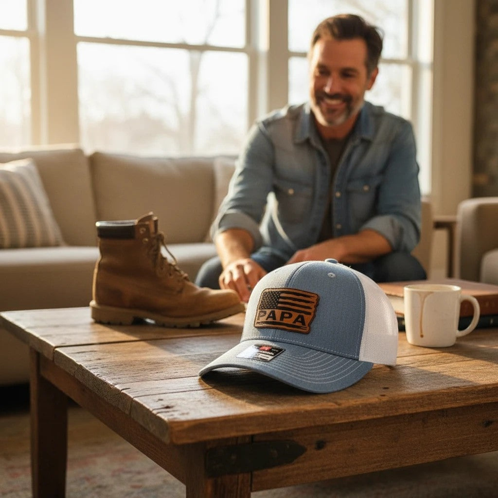 WeEngrave USA light blue trucker hat with white mesh back and engraved leatherette patch featuring American flag and PAPA text.