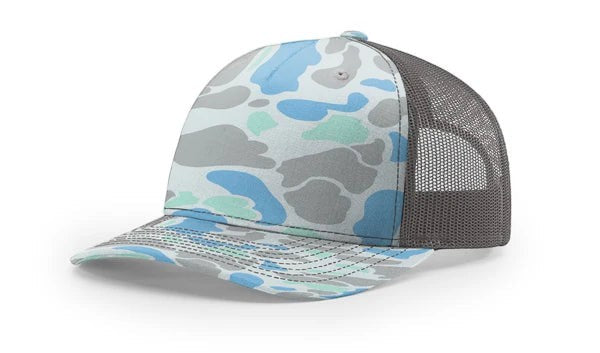 WeEngrave USA Saltwater Duck Camo-White trucker hat with 5-panel pinch front and mesh back. Cotton/polyester blend.
