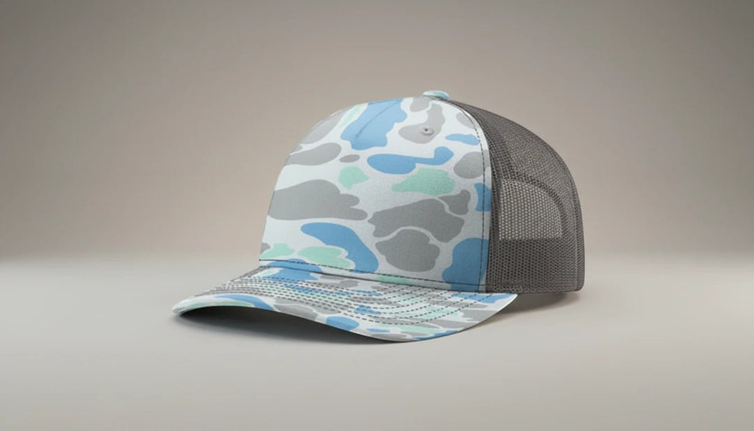 WeEngrave USA Saltwater Duck Camo-White 5 panel trucker hat with precurved visor and mesh back. Cotton twill front.