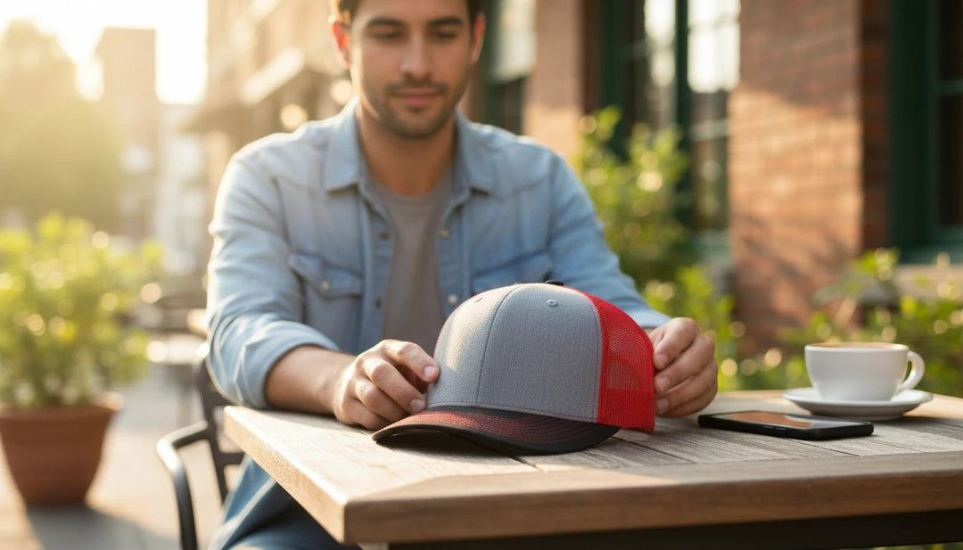 WeEngrave USA heather grey, red, and black trucker hat with a precurved visor and cotton sweatband.