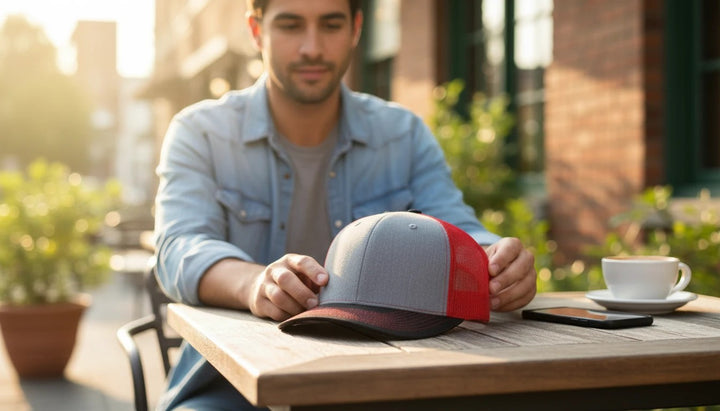 WeEngrave USA heather grey, red, and black trucker hat with a precurved visor and cotton sweatband.