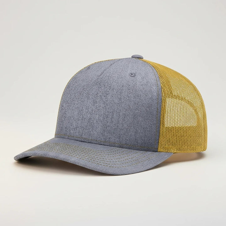 WeEngrave USA trucker hat with heather grey front panels and amber gold mesh back. Features a pre-curved bill and adjustable snapback.