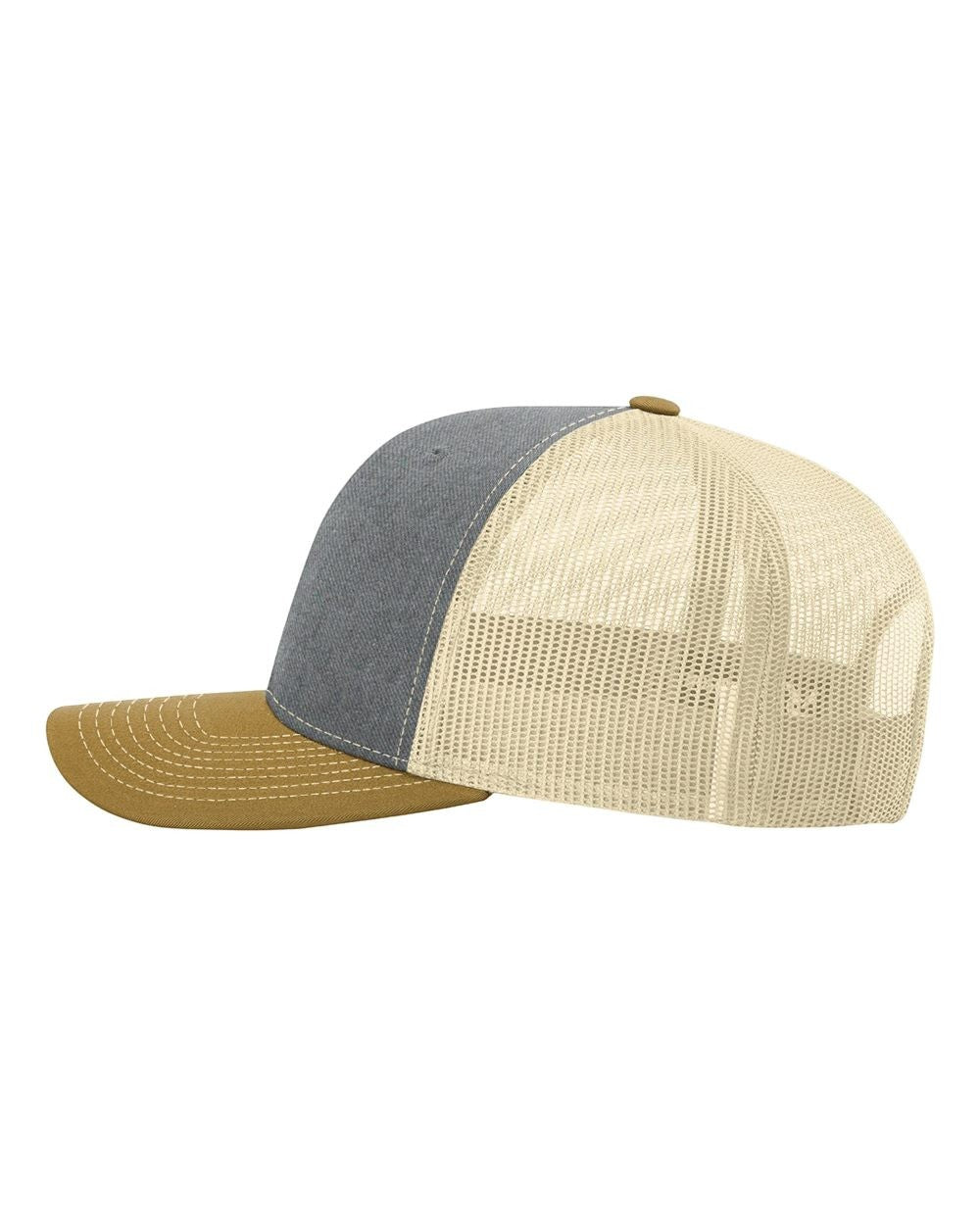 WeEngrave USA trucker hat with heather grey front panels, tan visor, and beige mesh back. Mid profile, precurved visor.