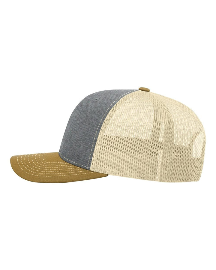 WeEngrave USA trucker hat with heather grey front panels, tan visor, and beige mesh back. Mid profile, precurved visor.