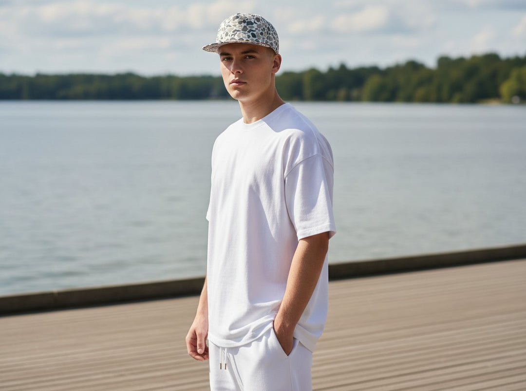 WeEngrave USA youth flat brim hat with duck and dog camo pattern in green, grey, and white.