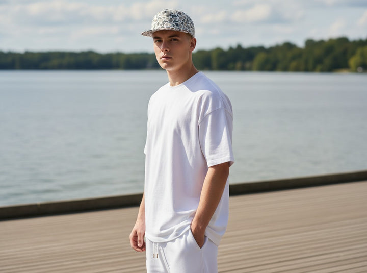 WeEngrave USA youth flat brim hat with duck and dog camo pattern in green, grey, and white.