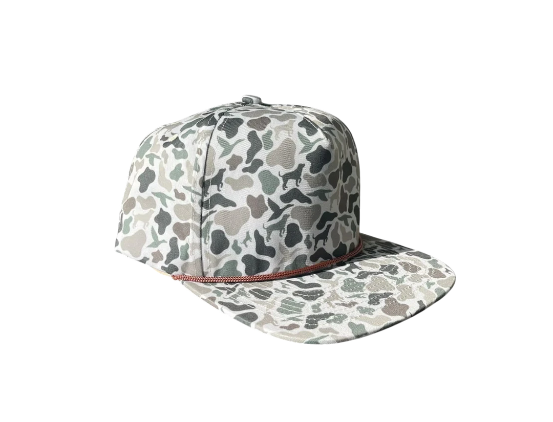 WeEngrave USA youth baseball cap with a duck and dog camouflage pattern in green, grey, and white.