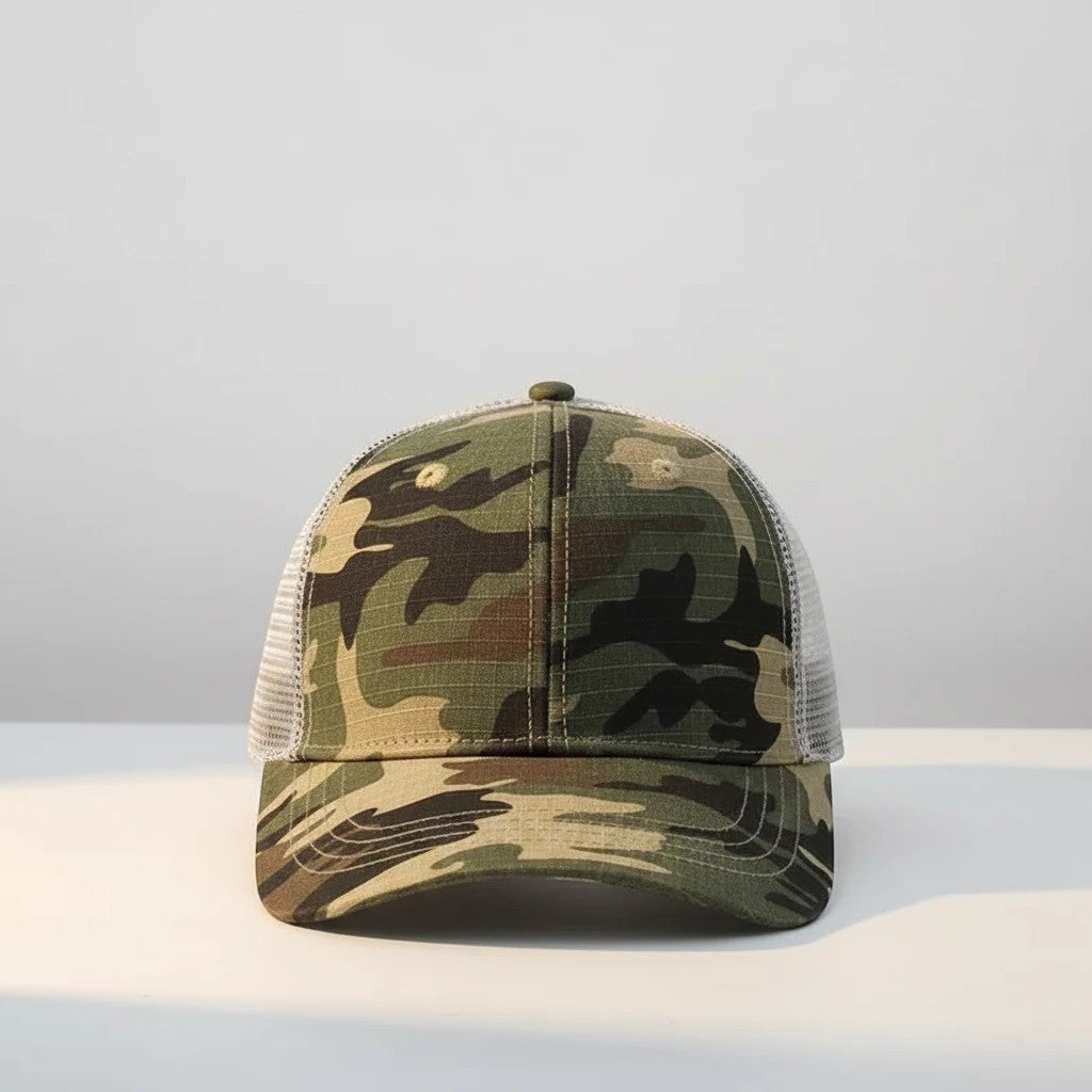 WeEngrave USA low-profile trucker hat with green camo front panel and grey mesh back. Comfortable, breathable, and versatile for casual wear.