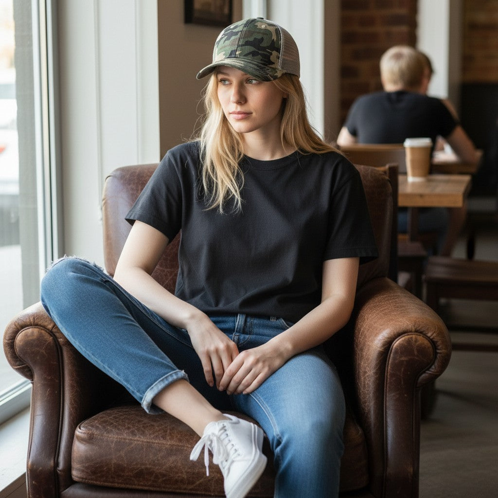 WeEngrave USA low-profile trucker hat with camo front panel and grey mesh back